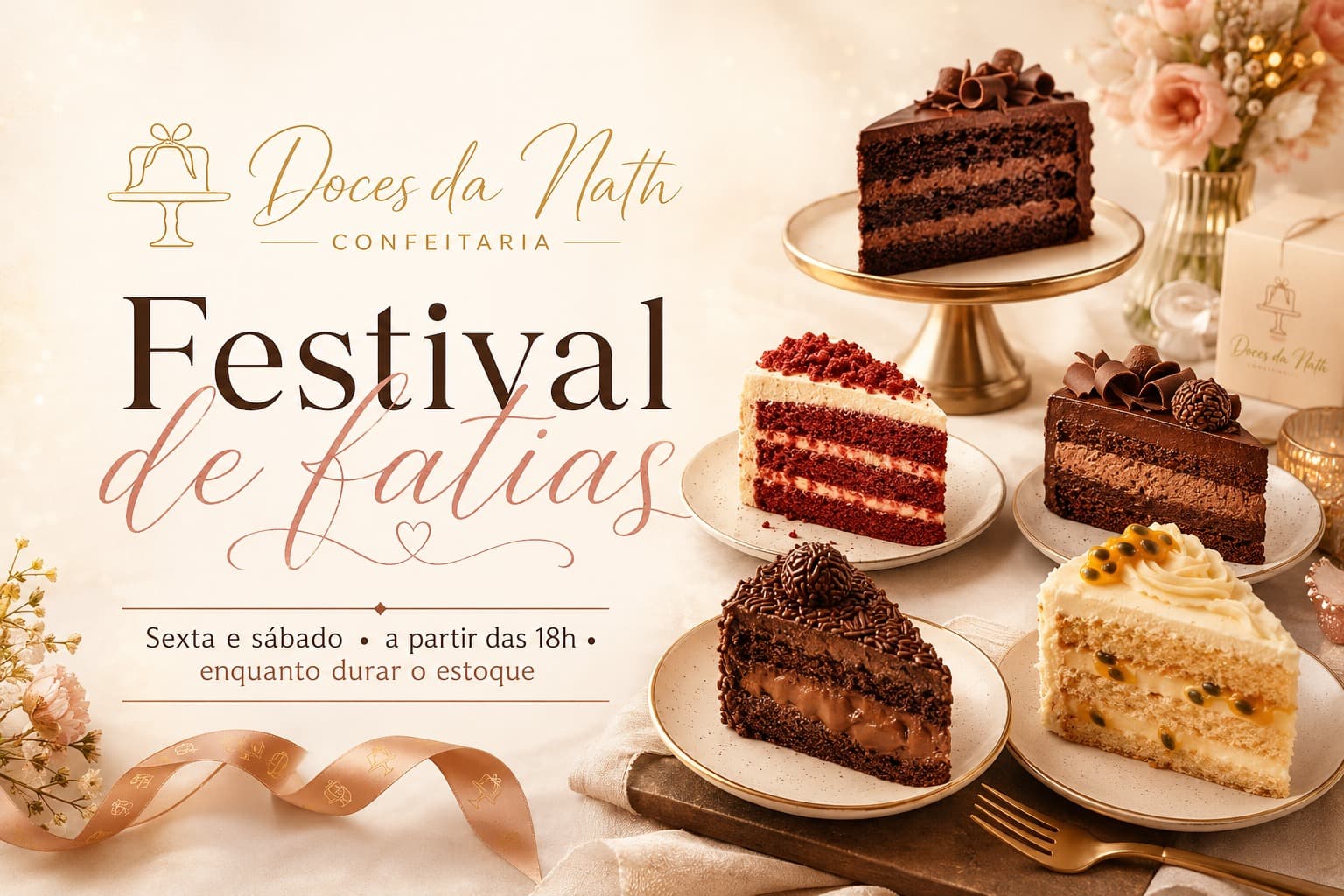 Banner do Festival de Fatias da Doces da Nath com diferentes fatias de bolo artesanais