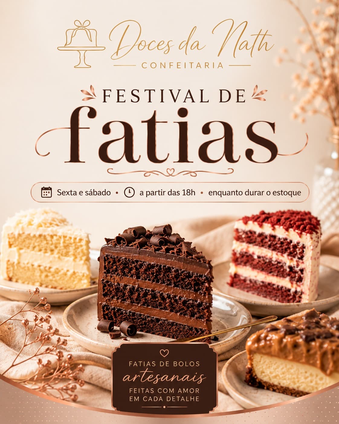 Banner do Festival de Fatias da Doces da Nath com diferentes fatias de bolo artesanais